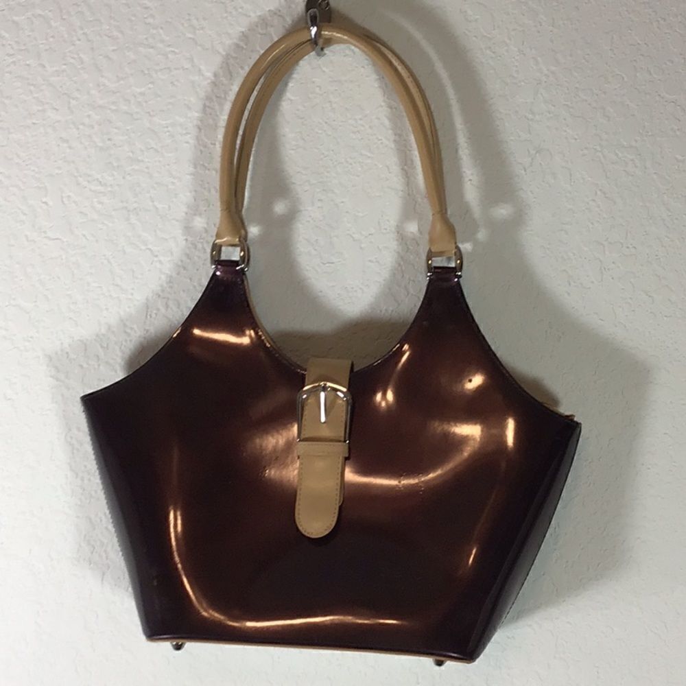 Beijo  Bags Benito Bronze Patent Tan Trim Purse Shoulder Bag